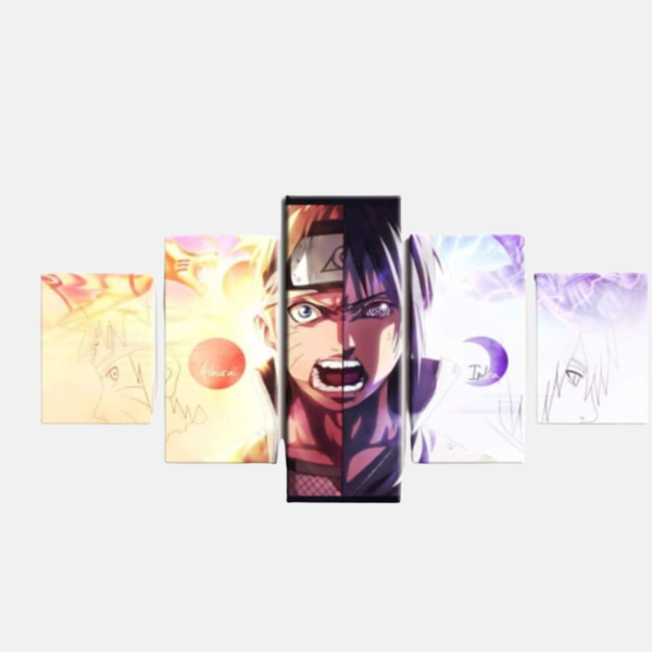 Tableau 5 pièces en portrait partagé de Naruto Uzumaki et Sasuke Uchiha, symbolisant leur rivalité et leur lien.