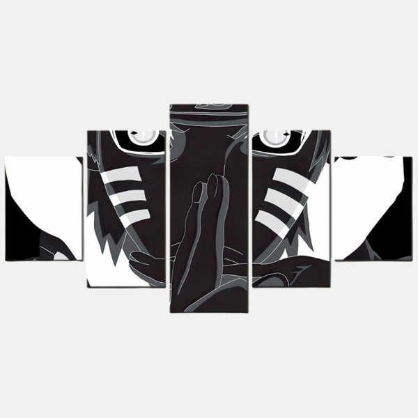 Tableau 5 pièces de la silhouette de Naruto Uzumaki en noir et blanc, dans une posture de combat dynamique.