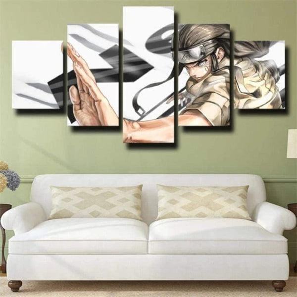 Tableau panoramique de Neji Hyûga accroché dans un salon, montrant son style calme et puissant.