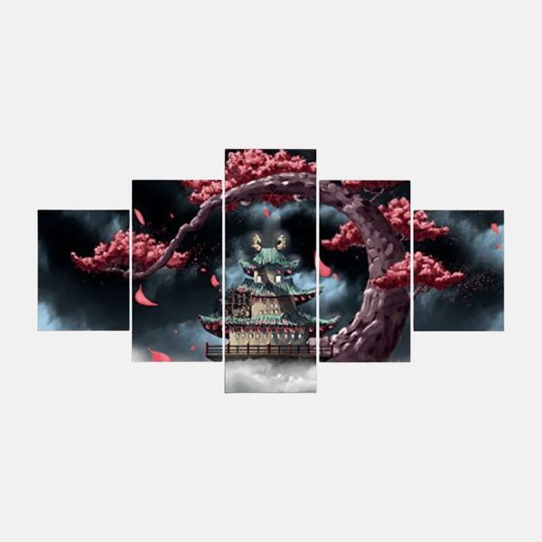 Tableau 5 pièces du paysage nocturne de Wano Kuni, avec des pagodes japonaises, un torii et des cerisiers en fleurs sous la lune.