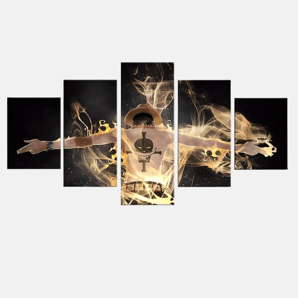 Tableau 5 pièces de Portgas D. Ace torse nu, montrant son tatouage de Barbe Blanche, et utilisant son pouvoir du Mera Mera no Mi (Poing Ardent).