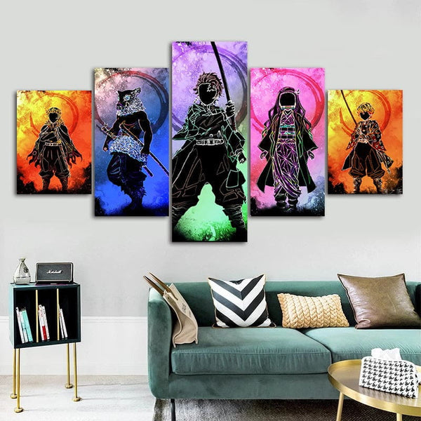 Tableau panoramique de l'équipe du Train de l'Infini accroché dans une salle de jeu, montrant son style vibrant et dynamique.