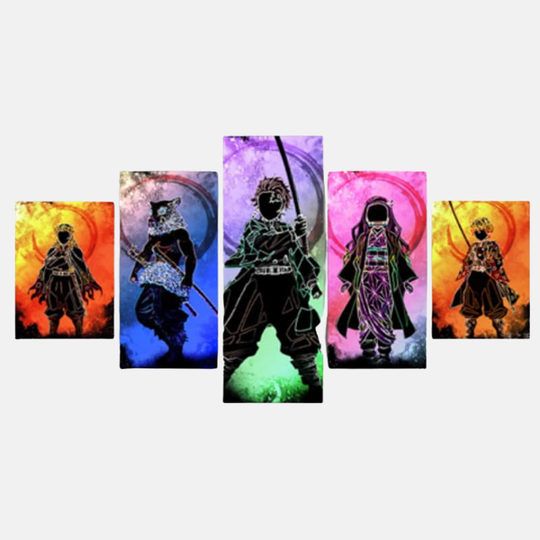 Tableau 5 pièces des pourfendeurs du Train de l'Infini avec Kyojuro Rengoku au centre, entouré de Tanjiro, Zenitsu et Inosuke, sur un fond sombre et coloré.
