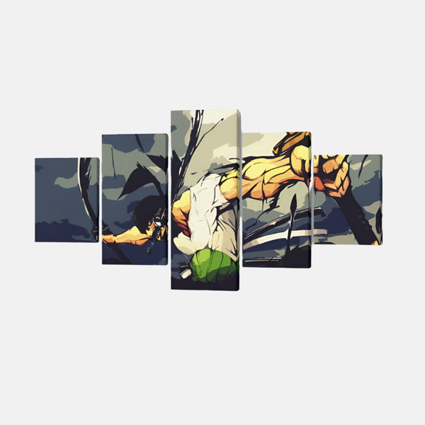 Tableau 5 pièces du portrait de Roronoa Zoro après l'ellipse de deux ans, avec sa cicatrice sur l'œil gauche et une expression déterminée.