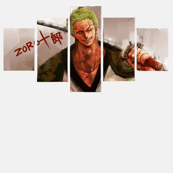 Tableau 5 pièces de Roronoa Zoro avec son bandana, tenant ses trois sabres en posture de combat (Santoryu).