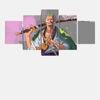 Tableau 5 pièces de Roronoa Zoro en tenue de samouraï (yukata), en posture de combat Santoryu, sur un fond artistique rose et vert.