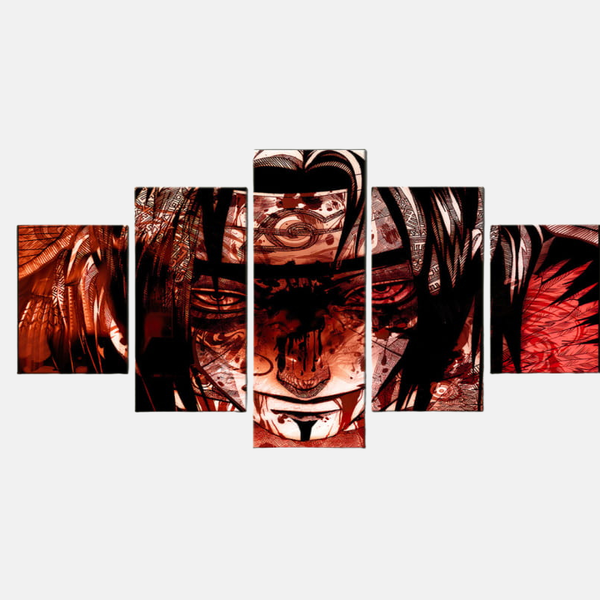 Tableau 5 pièces de Sasuke Uchiha avec son Mangekyō Sharingan activé, entouré par la cage thoracique violette de son Susanô.