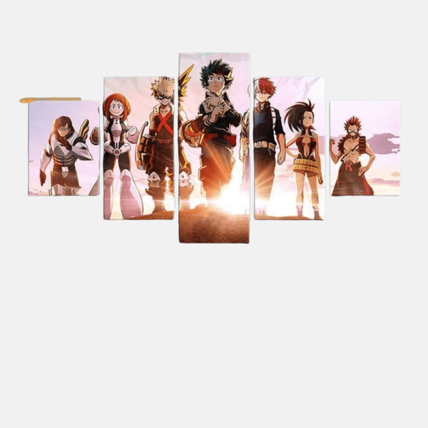 Tableau 5 pièces des élèves de la Seconde A de My Hero Academia, avec Izuku Midoriya au centre, entouré de Bakugo, Todoroki, Uraraka, Kirishima et Iida.