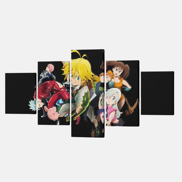 Tableau 5 pièces des Sept Péchés Capitaux au complet, avec Meliodas, Diane, Ban, King, Gowther, Merlin et Escanor en posture de groupe.
