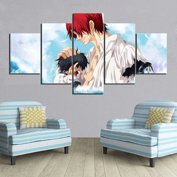 Tableau panoramique de la scène entre Shanks et Luffy, accroché dans un salon, montrant son impact émotionnel et narratif.