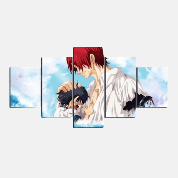 Tableau 5 pièces de la scène où Shanks Le Roux, après avoir perdu son bras, protège le jeune Luffy d'un monstre marin.