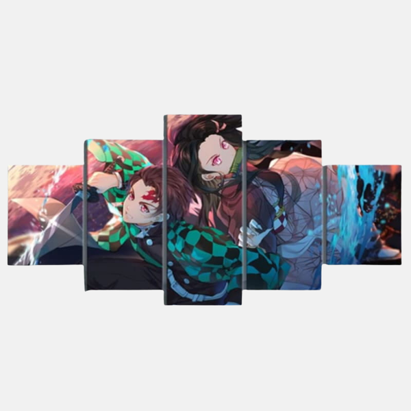 Tableau 5 pièces de Tanjiro et Nezuko Kamado se tenant ensemble, Tanjiro avec son katana et Nezuko en posture de protection.