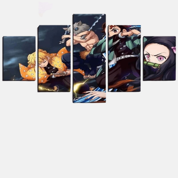 Tableau 5 pièces du quatuor de Demon Slayer : Tanjiro Kamado, Nezuko dans sa boîte, Zenitsu Agatsuma et Inosuke Hashibira.