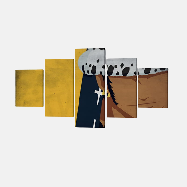 Tableau 5 pièces du portrait de Trafalgar Law avec son chapeau, sur un fond jaune vif et uni.