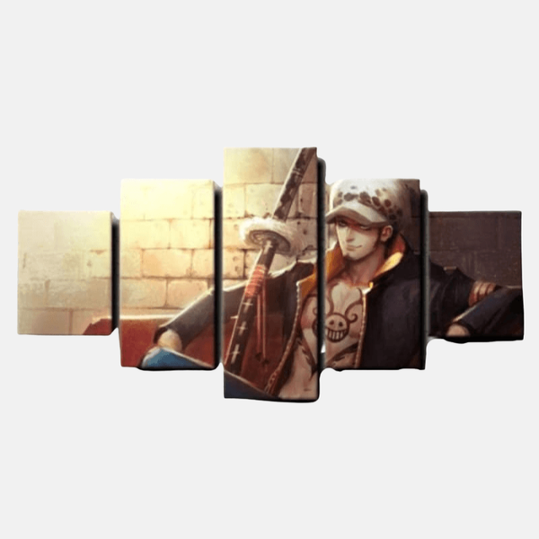 Tableau 5 pièces de Trafalgar Law dans sa tenue post-ellipse, avec son chapeau et son sabre Kikoku, dans une posture calme et déterminée.