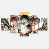 Tableau 5 pièces du trio de My Hero Academia avec Izuku Midoriya, Katsuki Bakugo et Shoto Todoroki en pleine action de combat.