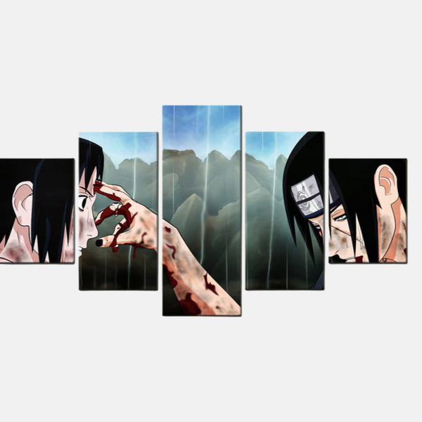 Tableau 5 pièces de l'héritage du clan Uchiha, avec les portraits de Sasuke, Itachi, Madara et Obito Uchiha et leur Sharingan.