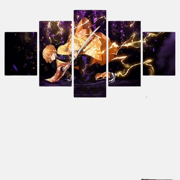 Tableau 5 pièces de Zenitsu Agatsuma utilisant le premier mouvement du Souffle de la Foudre, entouré d'éclairs dorés intenses sur un fond noir.