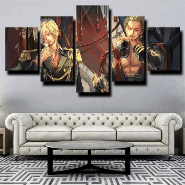 Tableau panoramique de Zoro et Sanji accroché dans un salon, montrant son style de confrontation dynamique.