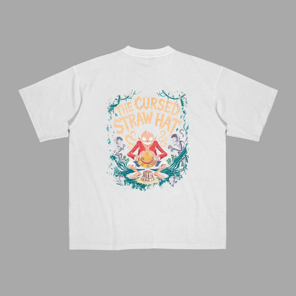 T-shirt Luffy Chapeau Maudit, version blanche avec illustration mystérieuse de Luffy et de son chapeau maudit, univers One Piece