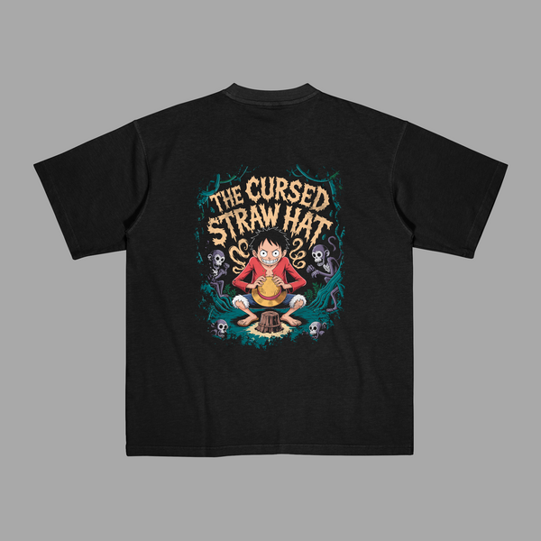 T-shirt Luffy Chapeau Maudit, version noire avec illustration sombre de Luffy et de son chapeau maudit, univers One Piece