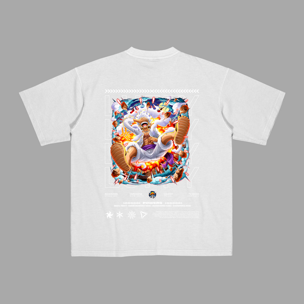 T-shirt Luffy Gear 5, version blanche avec illustration de la transformation ultime de Luffy, univers One Piece