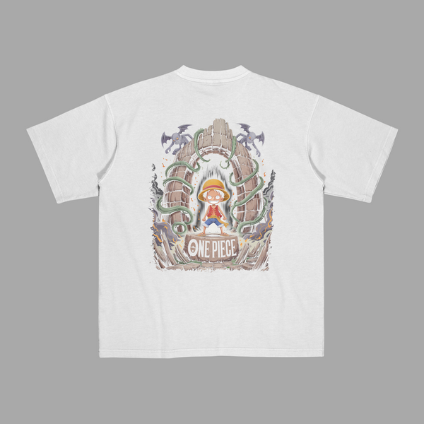 T-shirt Luffy Portail Mystique blanc avec illustration au dos inspirée de One Piece
