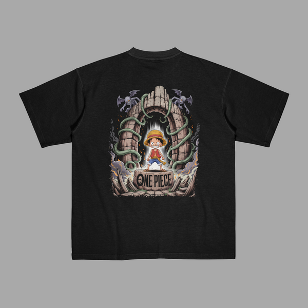 T-shirt Luffy Portail Mystique noir avec illustration au dos inspirée de One Piece