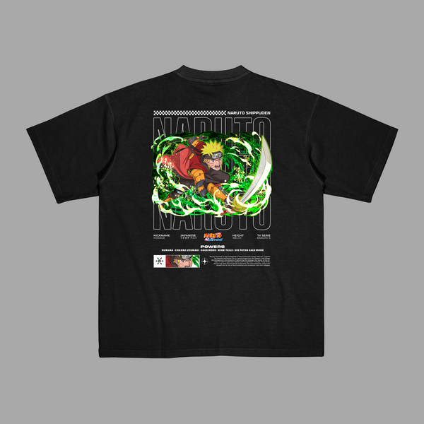 T-shirt Naruto Shippuden noir avec illustration de Naruto entouré d’une aura verte puissante