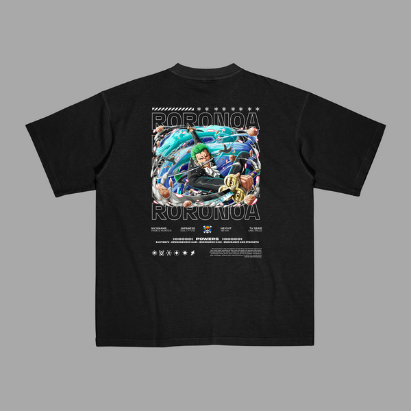 T-shirt noir One Piece Roronoa Zoro entouré d’une aura bleue énergique
