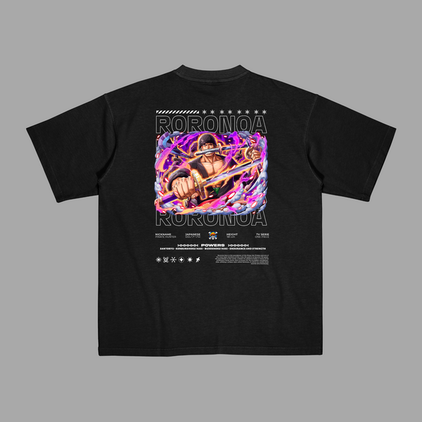 T-shirt noir One Piece Roronoa Zoro entouré d’une aura pourpre intense