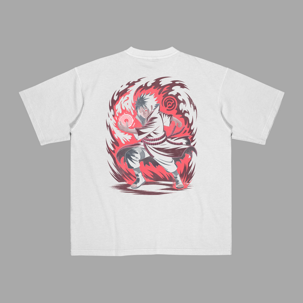 T-shirt Sasuke Uchiha Flamme Susanoo blanc avec design illustré Naruto