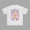 T-shirt Vegeta Aura Obscure blanc, impression dos avec aura violette et pierres flottantes, univers Dragon Ball