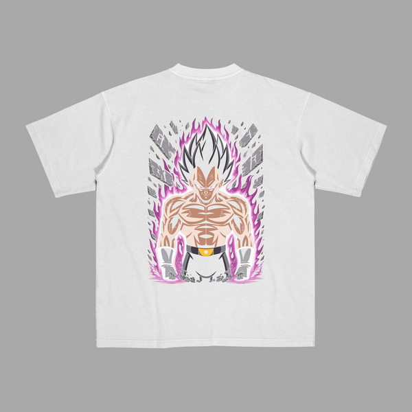 T-shirt Vegeta Aura Obscure blanc, impression dos avec aura violette et pierres flottantes, univers Dragon Ball