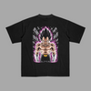 T-shirt Vegeta Aura Obscure noir, impression dos avec aura violette et pierres flottantes, univers Dragon Ball