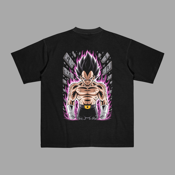 T-shirt Vegeta Aura Obscure noir, impression dos avec aura violette et pierres flottantes, univers Dragon Ball