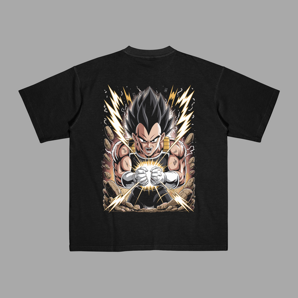 T-shirt Vegeta Explosion d’Énergie noir dos, Vegeta concentrant son énergie avec éclairs dorés Dragon Ball