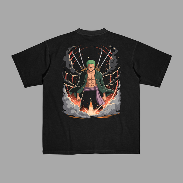 T-shirt One Piece Zoro noir avec illustration puissante des lames en aura destructrice