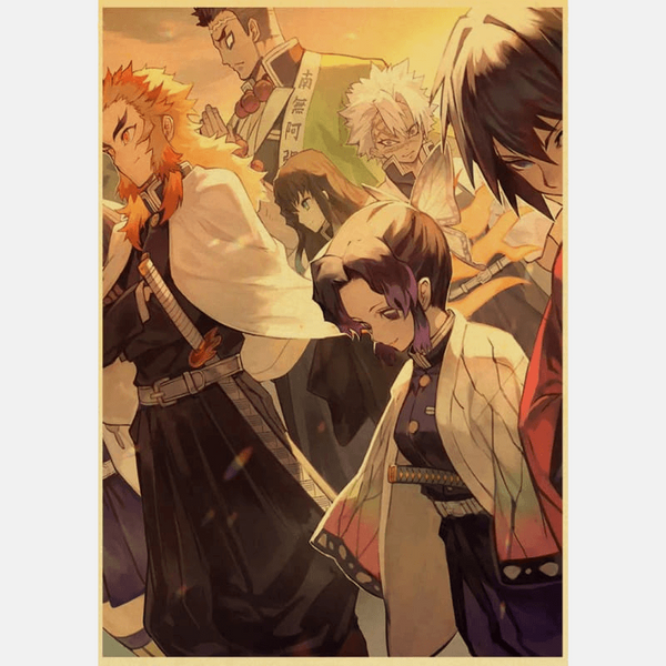 Affiche Demon Slayer des Hashira, impression HD sur papier kraft effet vieilli, illustration des 9 piliers en formation