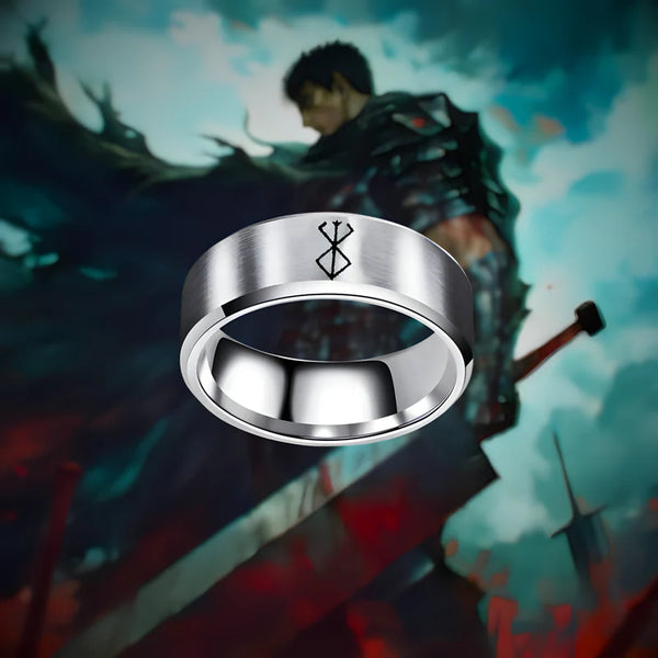 Bague Berserk en acier argenté, gravure Marque du Sacrifice