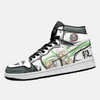 Paire de baskets montantes inspirées de Sanemi Shinazugawa, montrant le design vert et blanc du Pilier du Vent.
