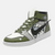 Paire de baskets montantes inspirées de Shikamaru Nara, montrant le design vert tactique et les motifs d'ombre.