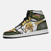 Paire de baskets montantes inspirées de Toshinori Yagi, montrant le design vert et beige de My Hero Academia.