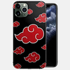 Coque noire pour iPhone avec le motif des nuages rouges de l'Akatsuki de l'anime Naruto Shippuden, vue sur un téléphone.