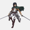 Figurine articulée Figma de Mikasa Ackerman de L'Attaque des Titans, en pose de combat aérienne avec son écharpe rouge et son équipement tridimensionnel.