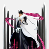 Gros plan sur le visage impassible de Byakuya Kuchiki au milieu des pétales de Senbonzakura.