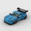 Kit de construction d'une Porsche 911 (993) Liberty Walk bleue en briques, montrant la vue de trois-quarts avant.