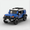 Kit de construction d'un Toyota FJ Cruiser bleu en briques, montrant la vue de trois-quarts avant.