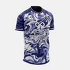 Maillot de foot de Satoru Gojo de Jujutsu Kaisen posé à plat, montrant la qualité du tissu en polyester.