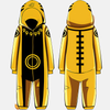 Pyjama combinaison (onesie) jaune/or avec marques noires et sceau, inspiré du Mode Sage Rikudô de Naruto Uzumaki, vu de face avec capuche.
